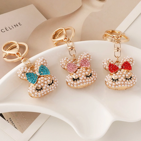 Simpatico Portachiavi a Forma di Coniglio con Perle Artificiali e Fiocco Strass Pendente in Metallo per Borsa Donna Gioielli