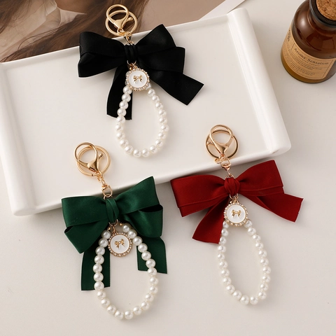 Large Satin Ribbon Bow Keychain With Faux Artificial Pearl String Elegant Alloy Enamel Pendant Bag Charm For Women Girls Accessory