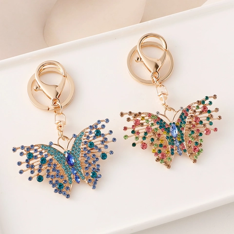Vintage Alloy Rhinestone Butterfly Keychain For Women Exquisite Blue Multi Color Crystal Butterfly Bag Pendant Keychain Gift