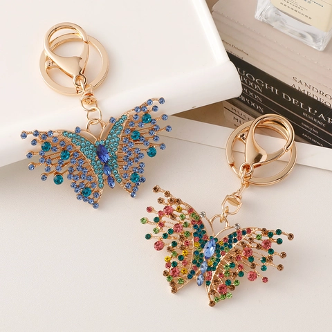 Vintage Alloy Rhinestone Butterfly Keychain For Women Exquisite Blue Multi Color Crystal Butterfly Bag Pendant Keychain Gift