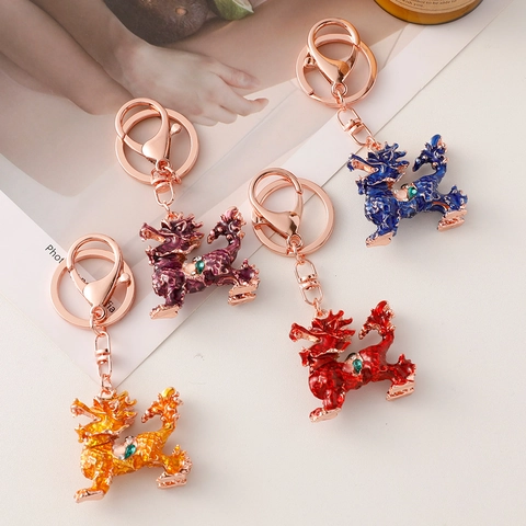 Porte-clés en Métal Qilin Pi Xiu de Style Chinois Émaillé pour Hommes Femmes Bête Mythique Porte-bonheur Strass Charme de Sac