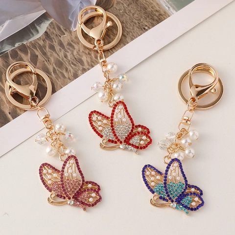 Crystal Rhinestone Butterfly Keychain For Women Alloy Faux Artificial Pearl Bag Pendant Car Key Ring Elegant Fashion Jewelry Gift