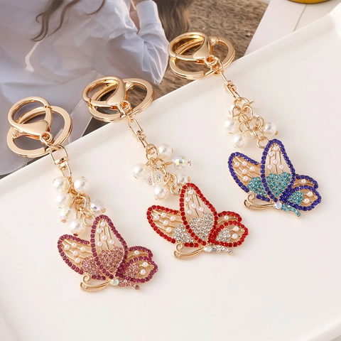 Crystal Rhinestone Butterfly Keychain For Women Alloy Faux Artificial Pearl Bag Pendant Car Key Ring Elegant Fashion Jewelry Gift