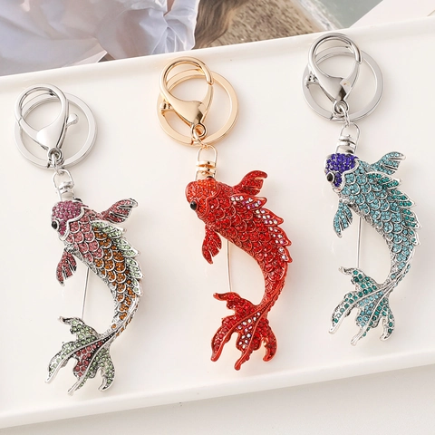 Rhinestone Koi Fish Keychain Brooch Multi-Functional Alloy Crystal Animal Bag Charm Pendant For Women Luxury Jewelry Gift