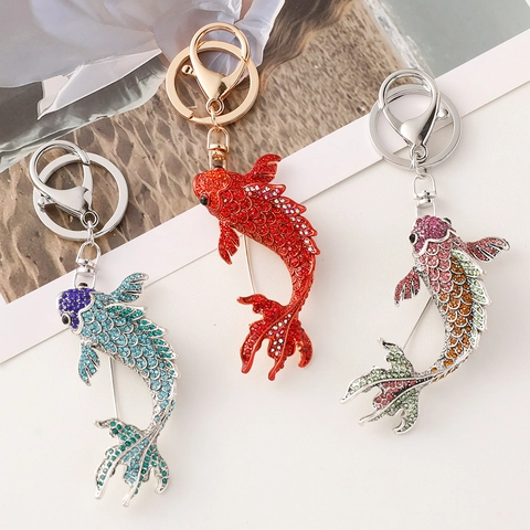 Rhinestone Koi Fish Keychain Brooch Multi-Functional Alloy Crystal Animal Bag Charm Pendant For Women Luxury Jewelry Gift