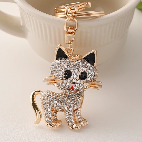 Kreativer Strass Katze Schlüsselanhänger Gold Legierung Kätzchen Tasche Anhänger Für Damen Süßer Tier Autoschlüsselring Geschenk