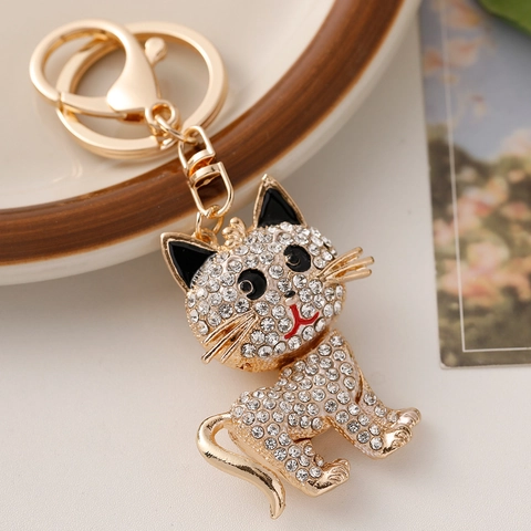 Kreativer Strass Katze Schlüsselanhänger Gold Legierung Kätzchen Tasche Anhänger Für Damen Süßer Tier Autoschlüsselring Geschenk