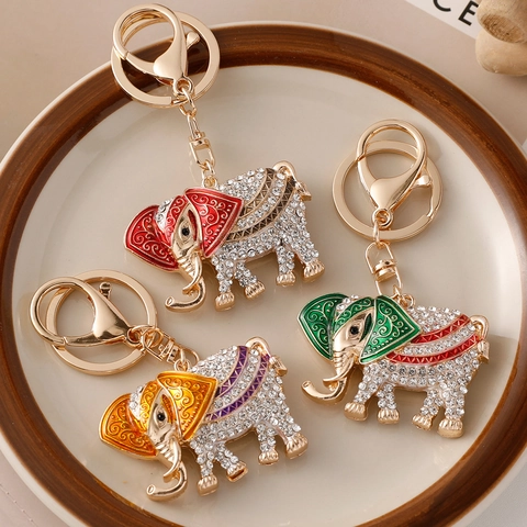 Portachiavi Elefante con Strass Tailandese Ciondolo Borsa Animale Cartone Animato Smalto Vintage Metallo Regalo Creativo Accessorio Donna
