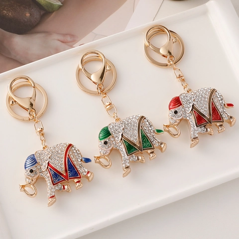 Porte-clés Éléphant Vintage avec Strass Colorés en Alliage de Métal Émaillé Charme de Sac Style Bohème Cadeau Bijoux Femme