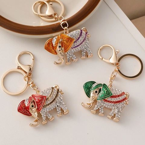 Portachiavi Elefante con Strass Tailandese Ciondolo Borsa Animale Cartone Animato Smalto Vintage Metallo Regalo Creativo Accessorio Donna