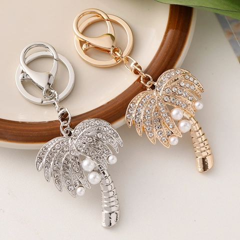 Coconut Tree Keychain With Rhinestone And Artificial Pearl Creative Metal Palm Tree Bag Charm Pendant Tropical Gift For Women