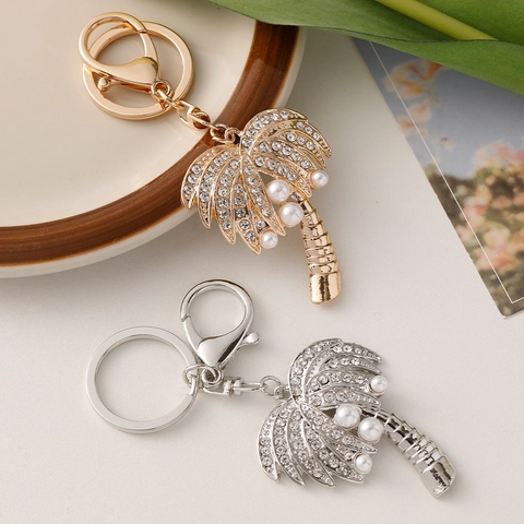 Coconut Tree Keychain With Rhinestone And Artificial Pearl Creative Metal Palm Tree Bag Charm Pendant Tropical Gift For Women