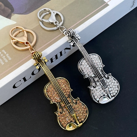 Creative Violin Shape Rhinestone Metal Keychain Antique Gold Silver Musical Instrument Bag Charm Pendant Gift For Women Men