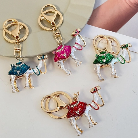 Camel Shape Enamel Drip Oil Keychain Colorful Rhinestone Alloy Animal Bag Pendant Gold Lobster Clasp Key Ring For Women Gift