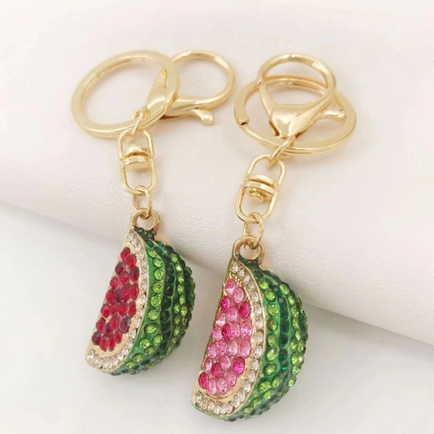 Creatieve Legering Fruit Watermeloen Schijfje Vorm Strass Sleutelhanger Voor Vrouwen Meisjes Auto Tas Hanger Cadeau