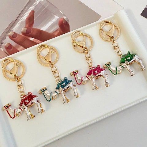 Camel Shape Enamel Drip Oil Keychain Colorful Rhinestone Alloy Animal Bag Pendant Gold Lobster Clasp Key Ring For Women Gift