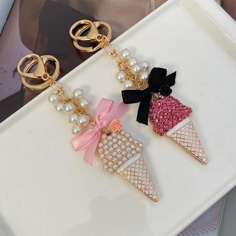 Portachiavi Dolce a Forma di Gelato per Donna Pendente per Borsa in Metallo con Perle Artificiali Fiocco e Strass Regalo Moda