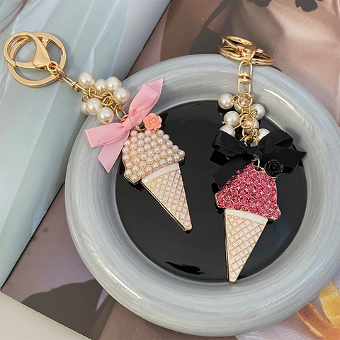 Portachiavi Dolce a Forma di Gelato per Donna Pendente per Borsa in Metallo con Perle Artificiali Fiocco e Strass Regalo Moda