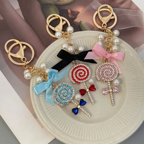Süßer Legierung Lollipop Schlüsselanhänger Für Damen Strass Künstliche Perle Satin Schleife Anhänger Tasche Charm Gold Galvanisierter Schmuck Geschenk