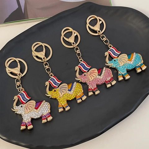 Thaise Stijl Olifant Sleutelhanger Legering Strass Emaille Tas Hanger Thailand Vlag Etnisch Souvenir Cadeau Voor Mannen Vrouwen