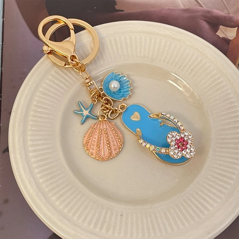 Ozean Thema Legierung Strass Flip Flops Schlüsselanhänger Seestern Muschel Tasche Anhänger Künstliche Perle Sommer Strand Damen Geschenk