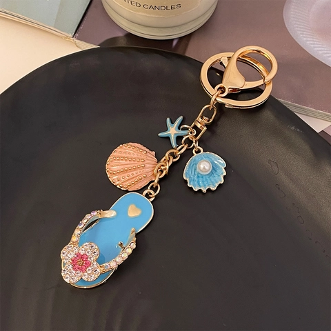 Ozean Thema Legierung Strass Flip Flops Schlüsselanhänger Seestern Muschel Tasche Anhänger Künstliche Perle Sommer Strand Damen Geschenk