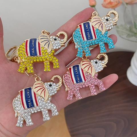 Thai Elephant Rhinestone Keychain Metal Crystal Inlaid Animal Key Ring Bag Charm For Women Souvenir Gift