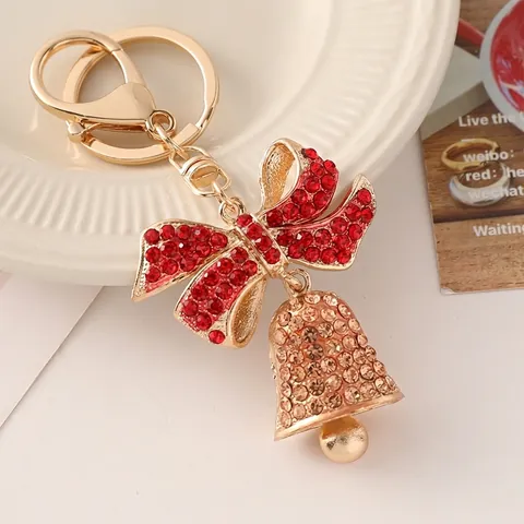 Portachiavi con Campanella e Fiocco di Natale con Strass in Lega Placcata Oro Ciondolo Festivo per Borsa Regalo Donna