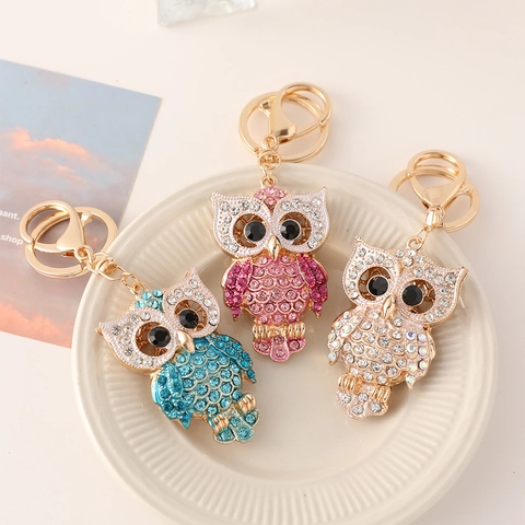 Luxury Rhinestone Owl Keychain Zinc Alloy Metal Animal Bag Pendant Charm Sparkling Crystal Keyring For Women Girls Gift