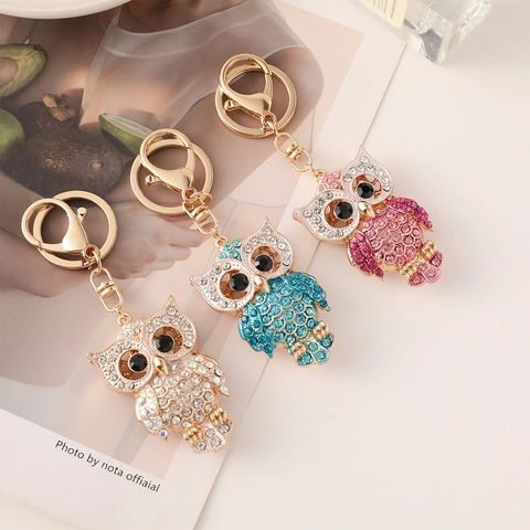 Luxury Rhinestone Owl Keychain Zinc Alloy Metal Animal Bag Pendant Charm Sparkling Crystal Keyring For Women Girls Gift