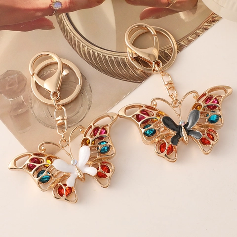 Rhinestone Butterfly Keychain Gold Plated Hollow Zinc Alloy Keyring For Women Bag Charm Colorful Crystal Pendant Gift