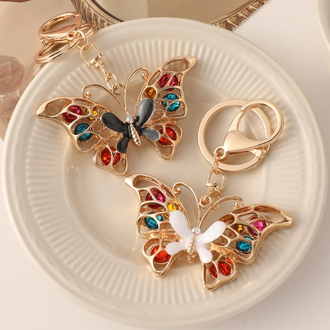 Rhinestone Butterfly Keychain Gold Plated Hollow Zinc Alloy Keyring For Women Bag Charm Colorful Crystal Pendant Gift