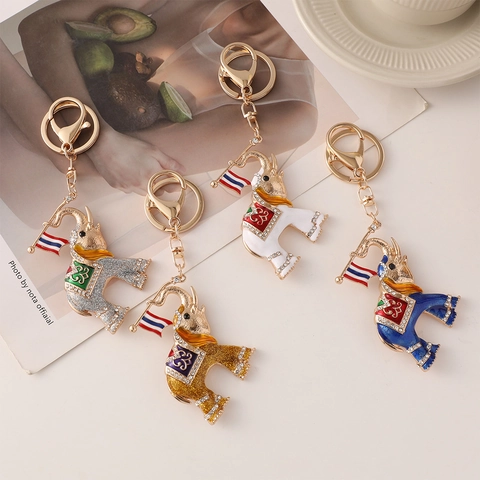 Thai Style Elephant Keychain Gold Plated Zinc Alloy Rhinestone Enameled Bag Hanging Ornament Souvenir For Men Women