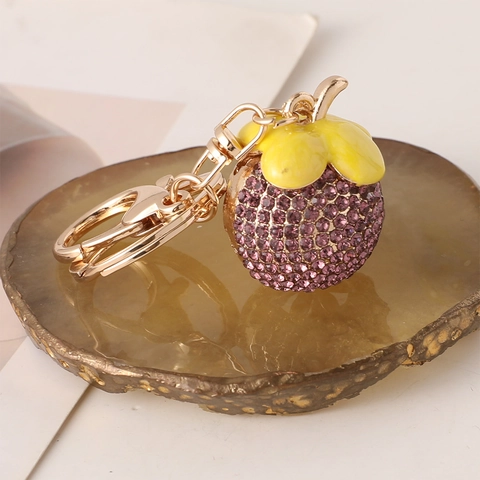 Simpatico Portachiavi a Forma di Mangostano in Strass Viola Lega Metallo Smalto Pendente per Borsa Portachiavi Auto Regalo Gioielli Moda Donna