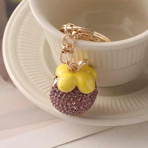 Simpatico Portachiavi a Forma di Mangostano in Strass Viola Lega Metallo Smalto Pendente per Borsa Portachiavi Auto Regalo Gioielli Moda Donna