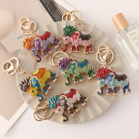 Exquisite Southeast Asian Ethnic Elephant Keychain Zinc Alloy Rhinestone Enamel Bag Charm Pendant For Women Girls Gift