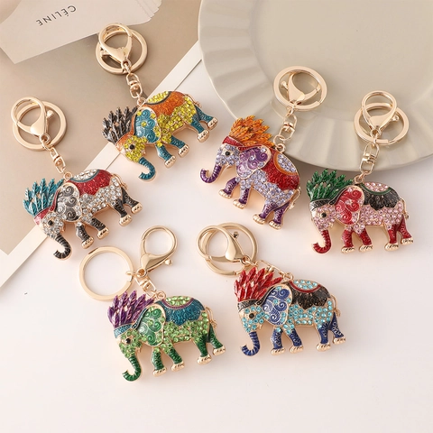 Exquisite Southeast Asian Ethnic Elephant Keychain Zinc Alloy Rhinestone Enamel Bag Charm Pendant For Women Girls Gift