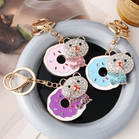 Lindo Llavero de Oso de Dibujos Animados Dona Metal Diamantes de Imitación Colgante Para Bolsos Mujeres Regalo Esmalte