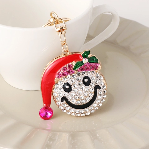 Portachiavi con Faccina Sorridente e Cappello di Natale in Lega e Strass Oro Rosso Smalto Ciondolo Borsa Regalo di Natale