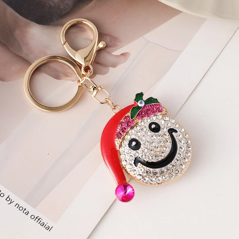 Portachiavi con Faccina Sorridente e Cappello di Natale in Lega e Strass Oro Rosso Smalto Ciondolo Borsa Regalo di Natale