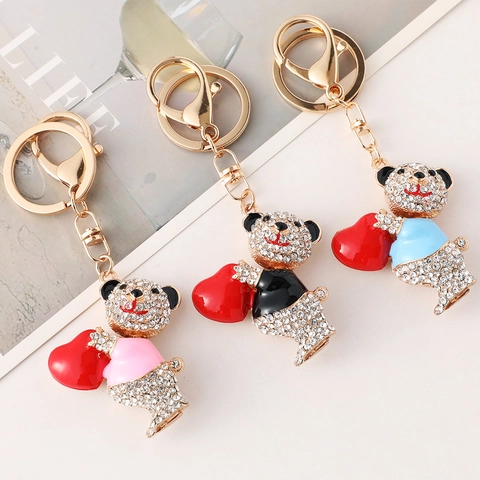 Llavero de Oso con Diamantes de Imitación Lindo Colgante de Corazón de Aleación para Mochila Bolso Parejas Mujer Regalo