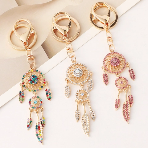 Luxury Alloy Dreamcatcher Keychain For Women Rhinestone Tassel Feather Bag Charm Ethnic Style Key Ring Pendant Jewelry Gift