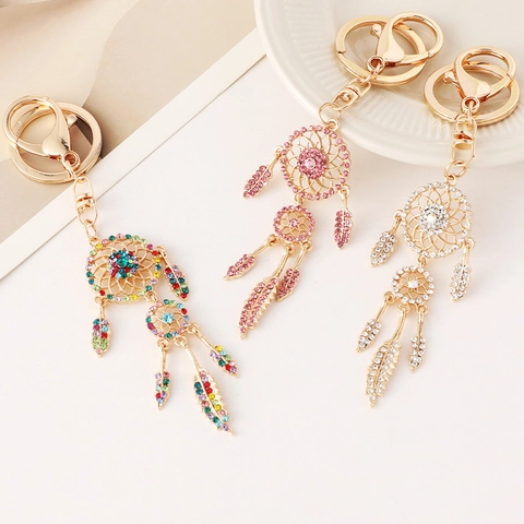 Luxury Alloy Dreamcatcher Keychain For Women Rhinestone Tassel Feather Bag Charm Ethnic Style Key Ring Pendant Jewelry Gift