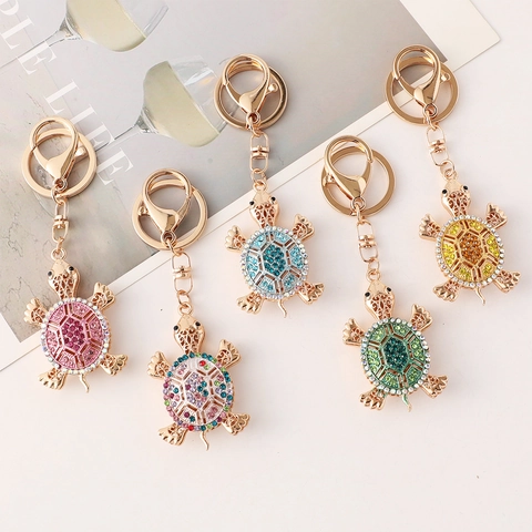 Llavero de Tortuga de Aleación de Zinc con Strass Colgante de Bolsa de Tortuga Marina Creativo Joyería Oro Anillo de Llave