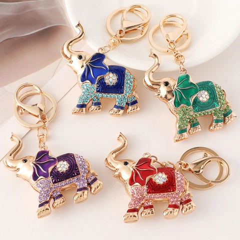 Luxury Rhinestone Elephant Keychain Vintage Enamel Animal Bag Pendant With Lobster Clasp Key Ring For Women Gift Accessories