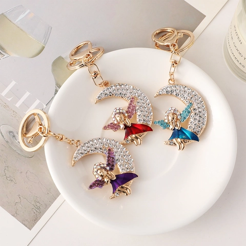 Porte-clés Ange Lune en Strass Créatif pour Femmes Filles Sac à Dos Charme Pendentif en Métal Bijoux de Mode Cadeau