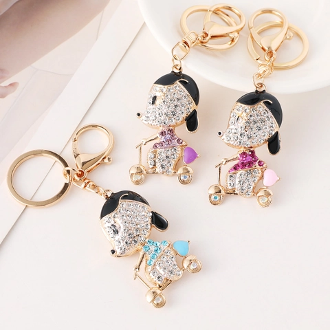Cute Cartoon Dog Riding Scooter Rhinestone Keychain Zinc Alloy Animal Bag Pendant Luxurious Fashion Jewelry Gift For Women