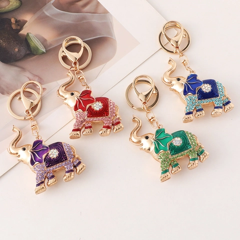 Luxury Rhinestone Elephant Keychain Vintage Enamel Animal Bag Pendant With Lobster Clasp Key Ring For Women Gift Accessories