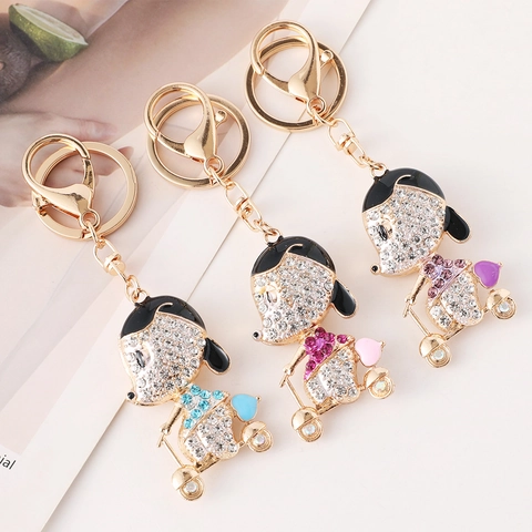 Cute Cartoon Dog Riding Scooter Rhinestone Keychain Zinc Alloy Animal Bag Pendant Luxurious Fashion Jewelry Gift For Women