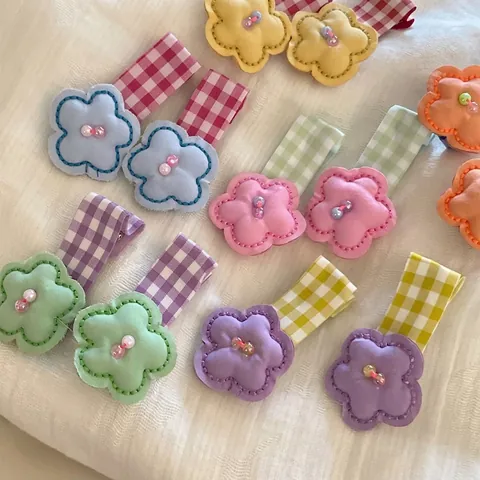 Süße Stoff Blumen Haarklammern Für Mädchen Handgefertigte Karierte BB Clips Floral Perlen Kopfschmuck Kinder Damen Schmuck